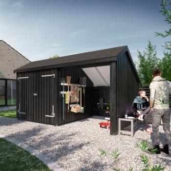 Multi Gartenhaus 10,5 m² - 2 Module Doppeltür & offene Fassade m. Dachpappe/Aluleisten/H-Pfostenfüße