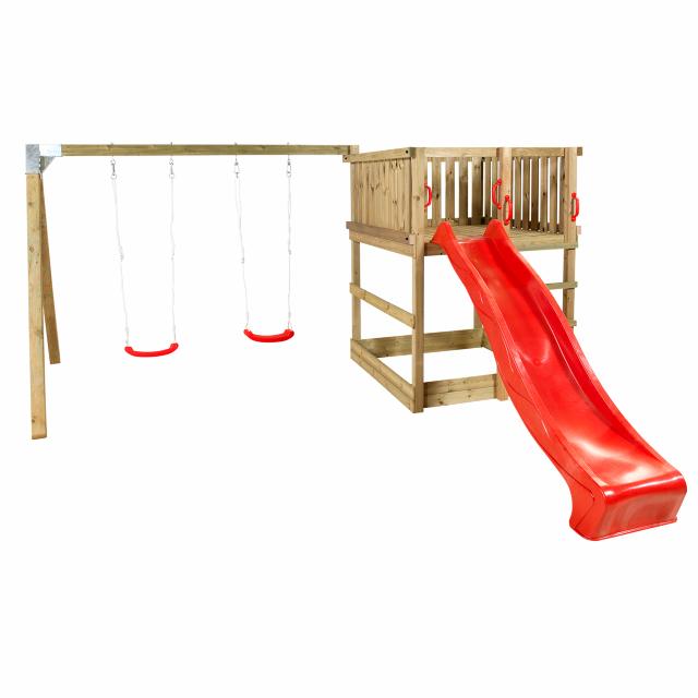 Play Spielturm mit Schaukelanbau inkl. roter Rutsche