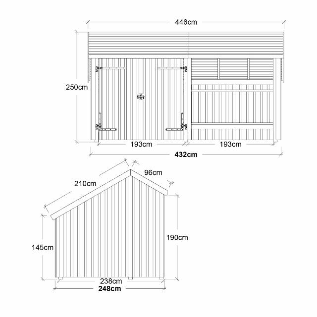Multi Gartenhaus 10,5 m² - 2 Module Doppeltür & offene Fassade - 10,5 m² unbehandelt